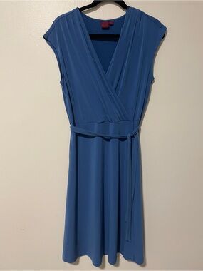 212 Collection Retro A-Line V-Neck Sleeveless Steel Blue Faux Wrap Midi Dress M‎